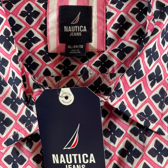 Nautica Jeans‎ Pink Black Clover Print Button Down Shirt Top XL NWT Preppy - Picture 3 of 6